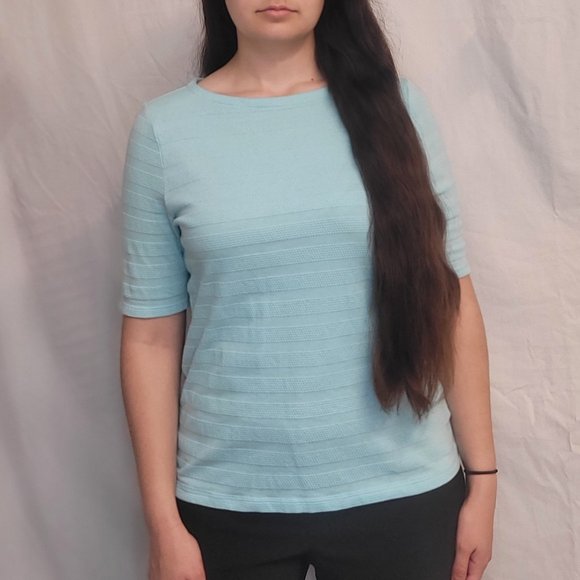 Charter Club Women's Cotton Texture Striped Elbow Sleeve Top Aqua Medium - Picture 3 of 7